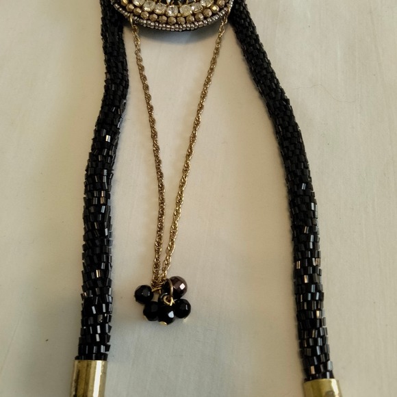 Iris Apfel & Bajalia Black-Clear Rhinestone Feathered Beaded Statement Necklace - Picture 4 of 16